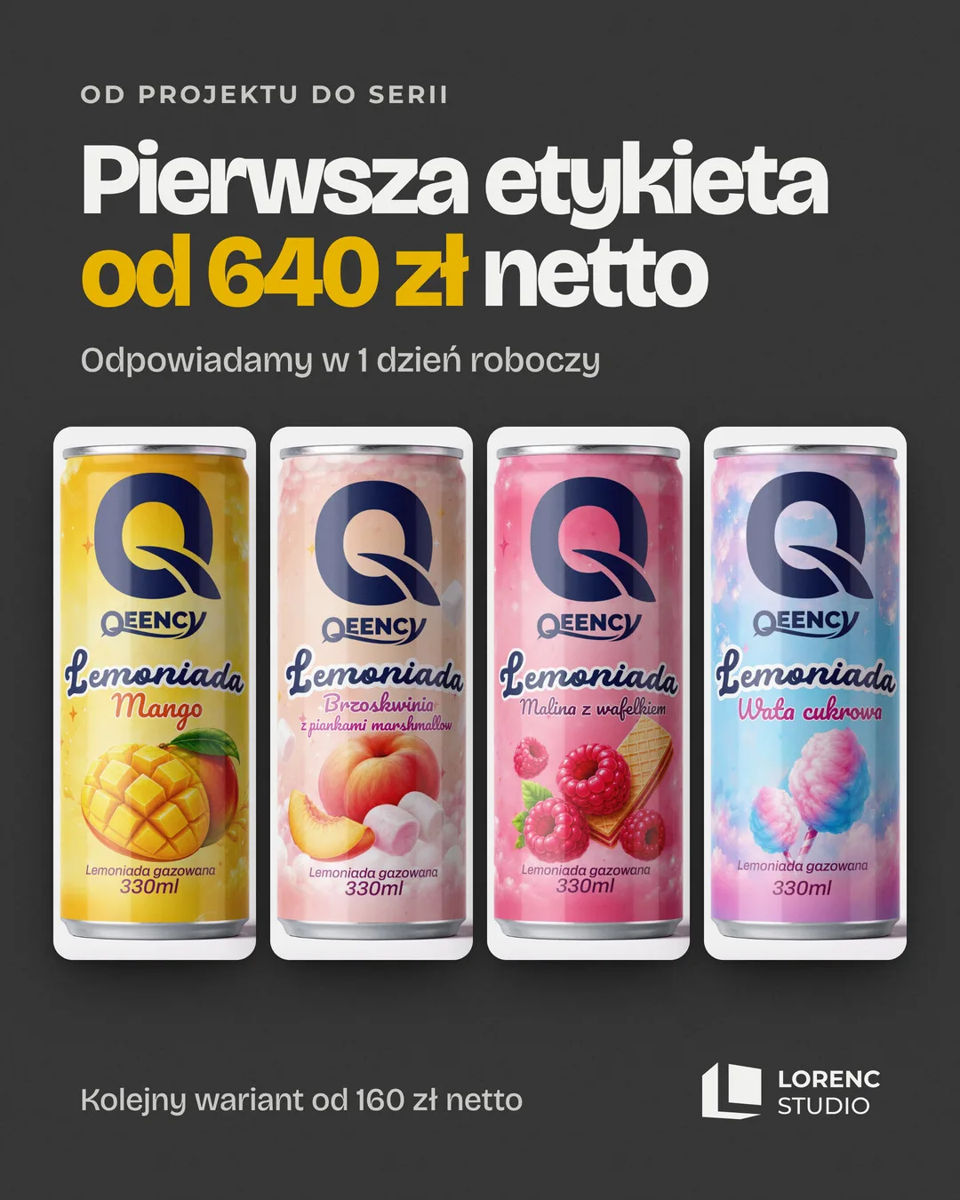 Cztery warianty etykiety lemoniady w puszkach