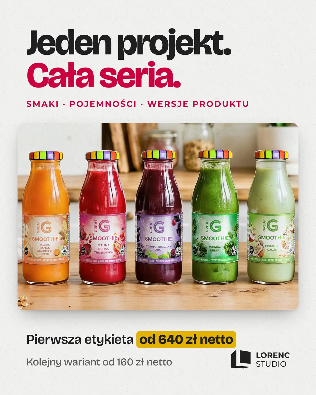 Seria pięciu etykiet na butelkach smoothie zaprojektowana w jednym stylu