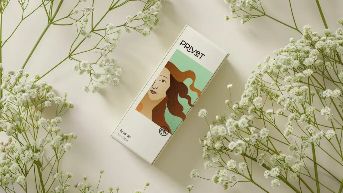 Privet: brow gel box with an illustration of a red-haired woman among sprigs of baby’s breath