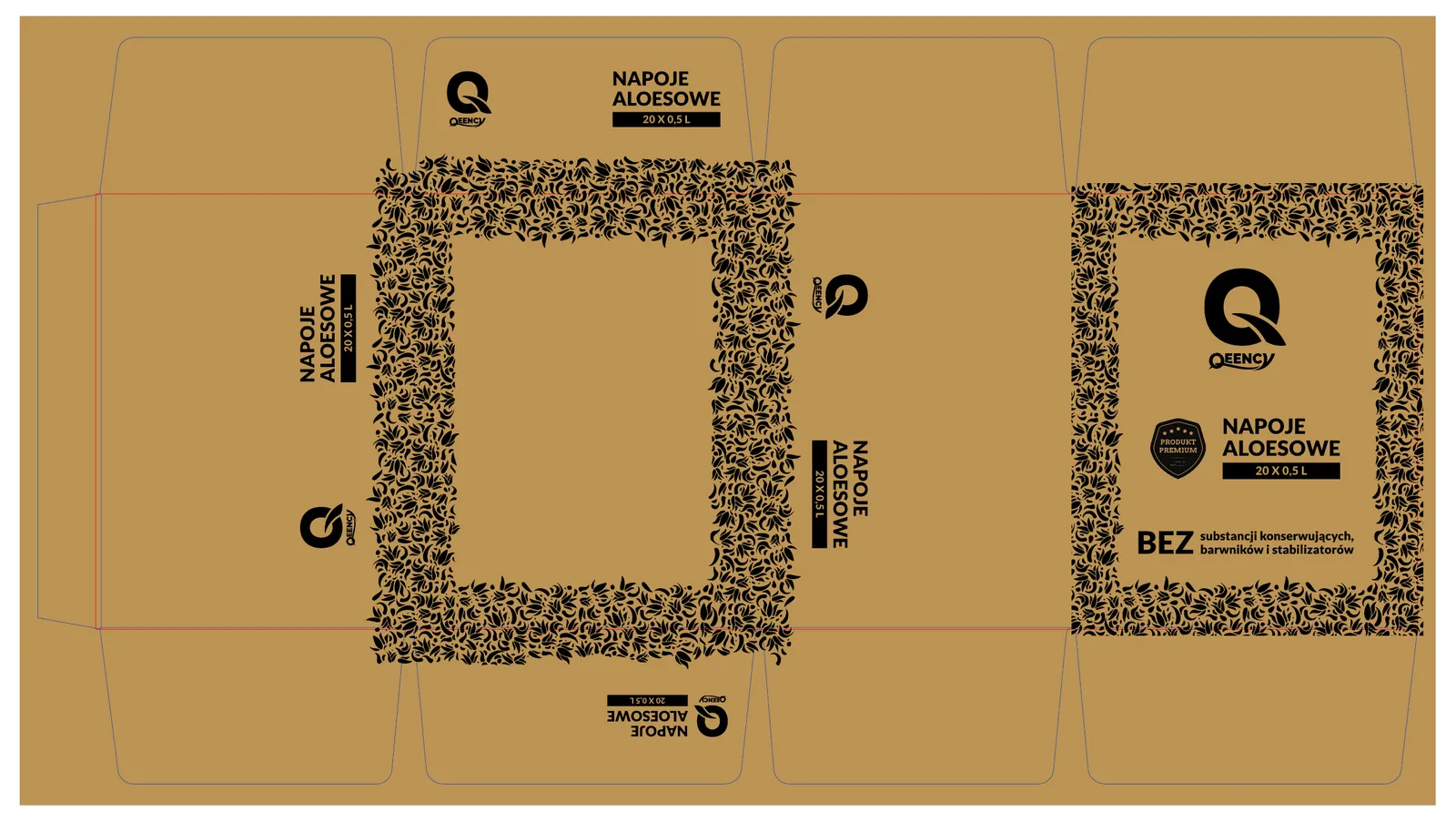 QEENCY: unfolded kraft shipping carton for 20 bottles, with the die-line and a black leaf print