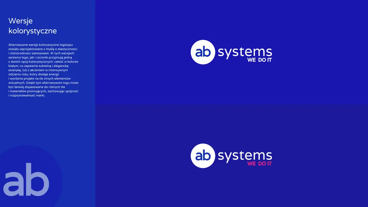 AB Systems: wersje kolorystyczne logo, biała i z różowym hasłem, na niebieskim tle