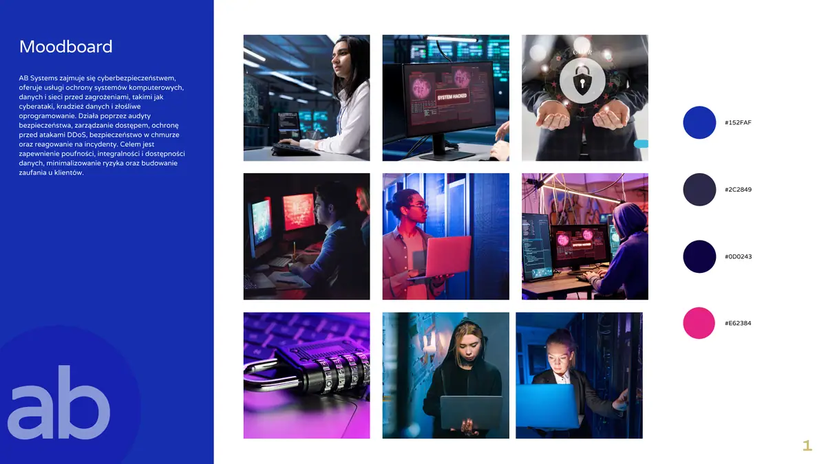 AB Systems: moodboard z 9 zdjęciami o cyberbezpieczeństwie i paleta 4 kolorów z kodami
