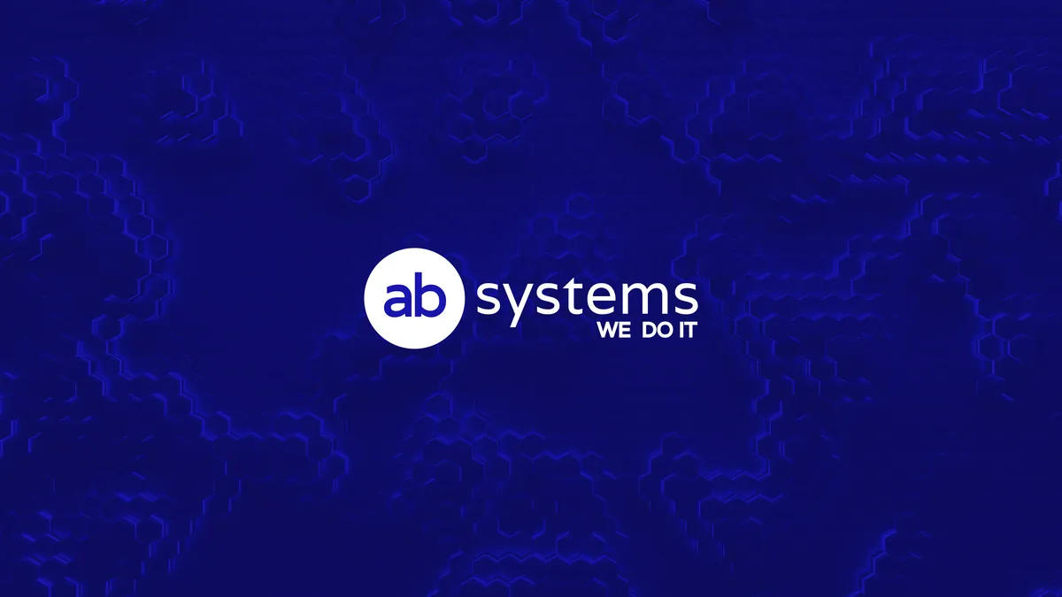 AB Systems: white logo with the tagline “WE DO IT” on a navy background with a hexagon pattern