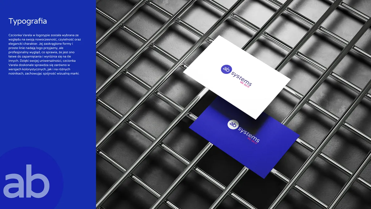 AB Systems: typography board with a description of the Varela typeface and a white and a blue business card on a metal grille