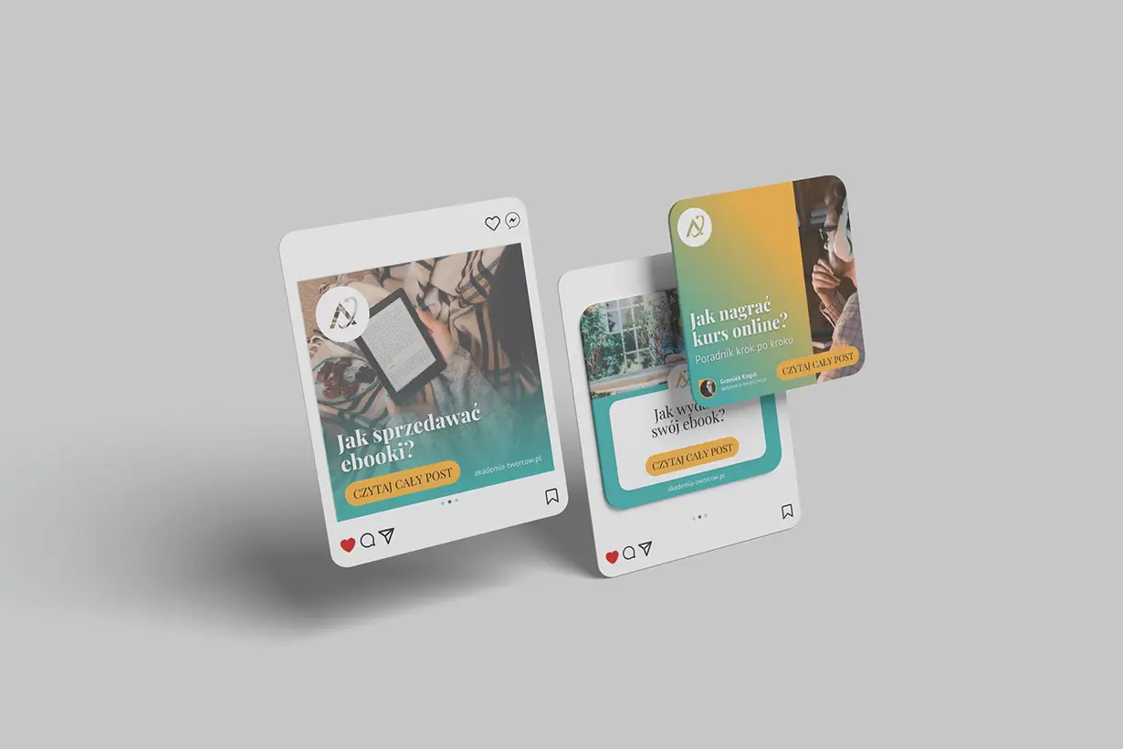 Academy of Creators: trzy posty na Instagram o ebookach i kursie online, w kolorze morskim i żółtym