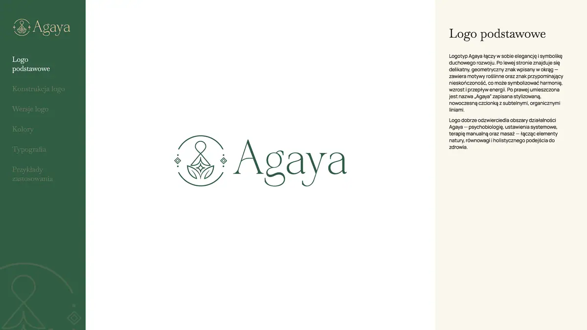 Agaya: logo podstawowe w zieleni na białym tle i opis znaczenia znaku