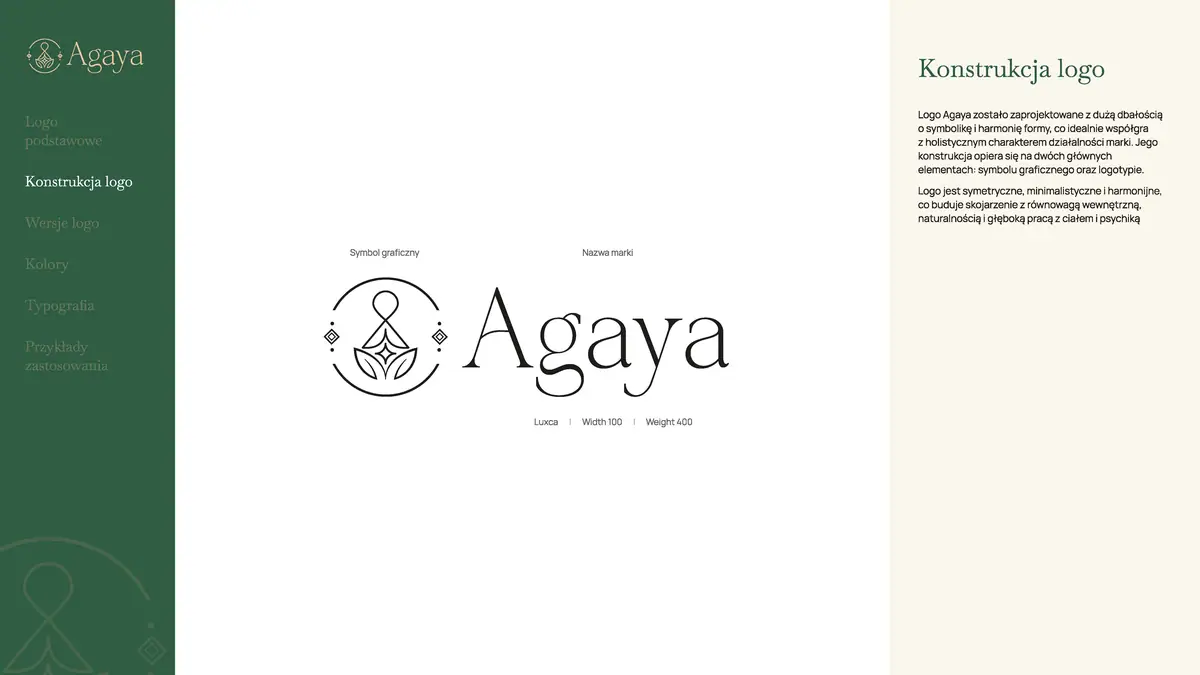 Agaya: konstrukcja logo, symbol w okręgu i nazwa zapisana krojem Luxca