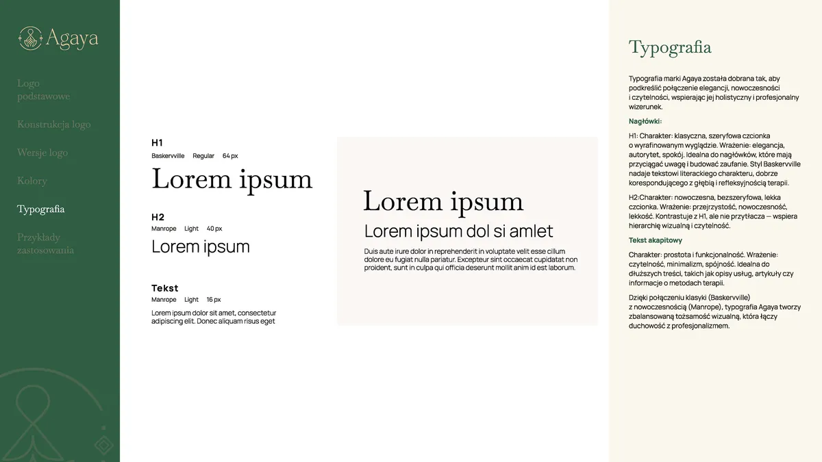 Agaya: brand typography, Baskerville for headings and Manrope for text, with examples of sizes