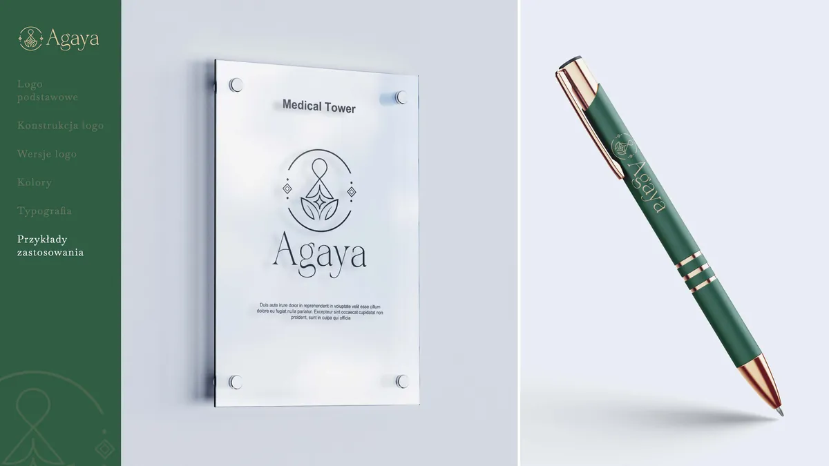 Agaya: glass Medical Tower sign with a green logo and a green pen with rose gold fittings