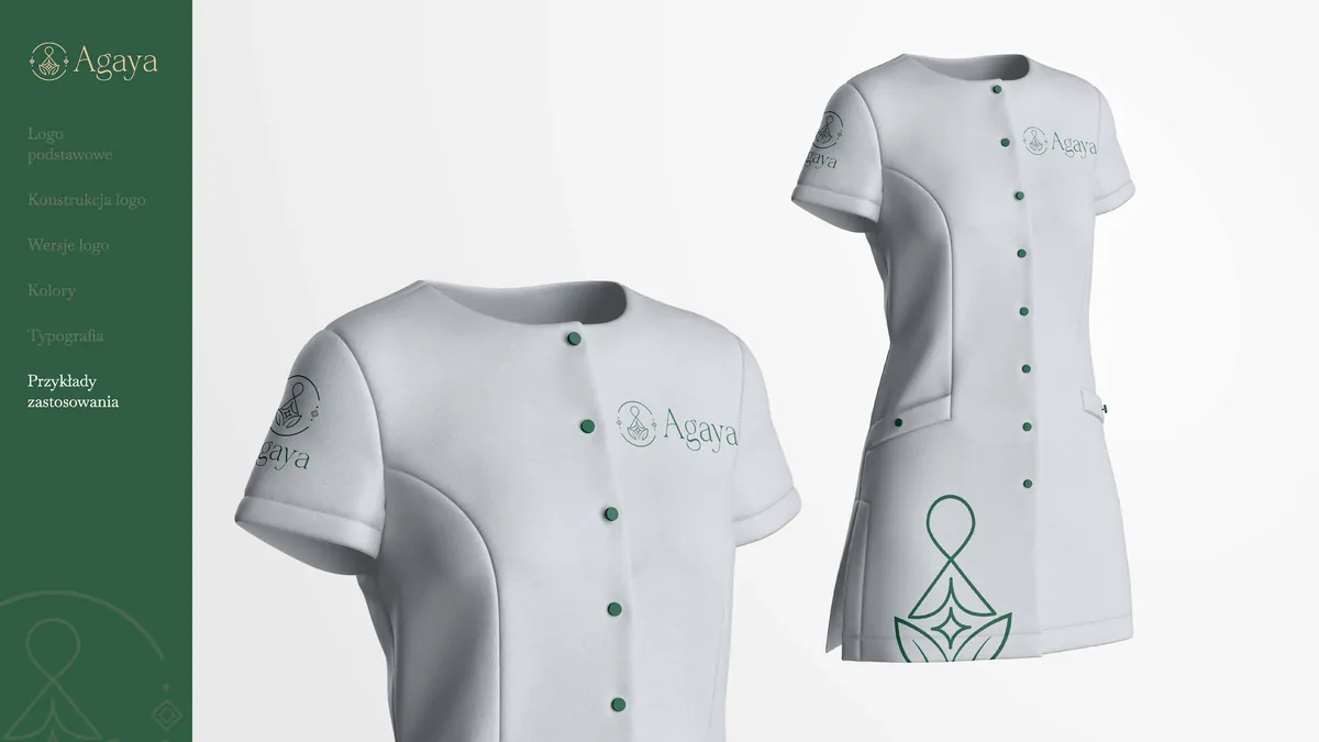 Agaya: white medical tunics with green buttons, the logo on the chest and sleeve and a large brandmark