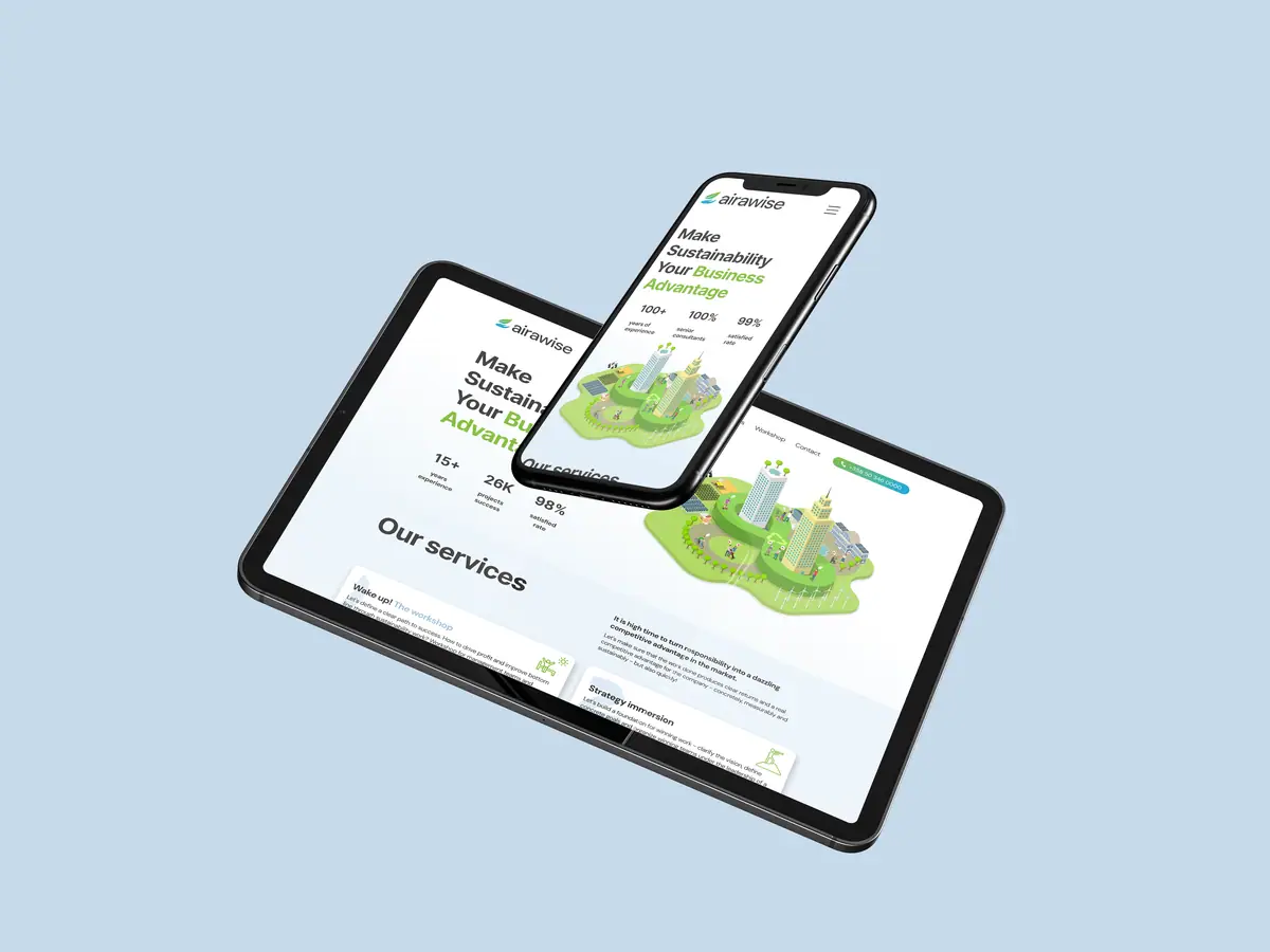 Airawise: strona główna na tablecie i telefonie z hasłem Make Sustainability Your Business Advantage
