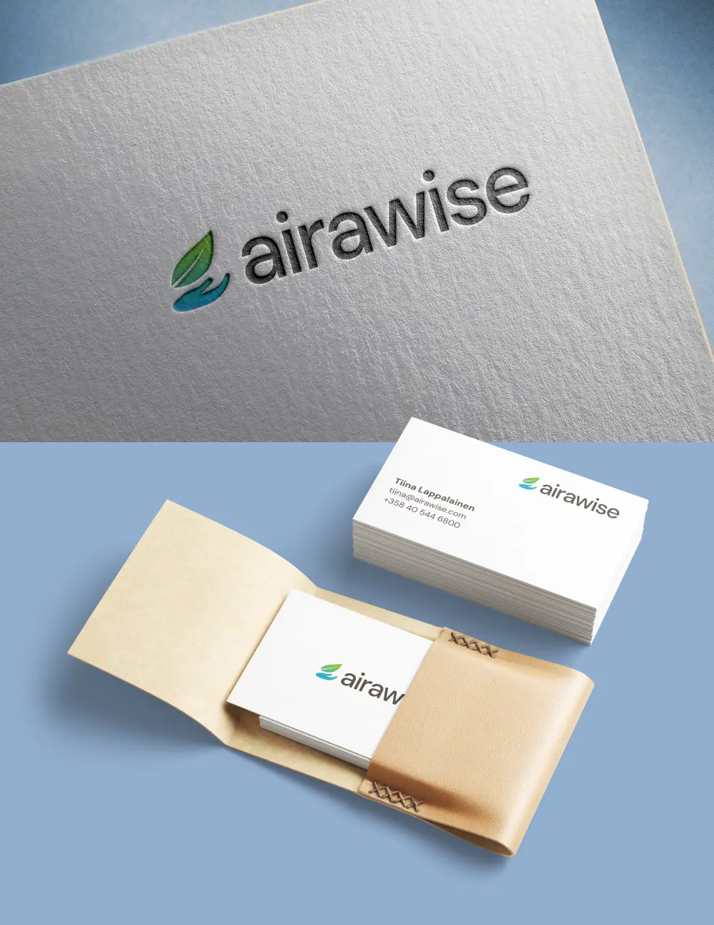 Airawise: logo z liściem i dłonią tłoczone w papierze oraz wizytówki w etui z papieru kraft