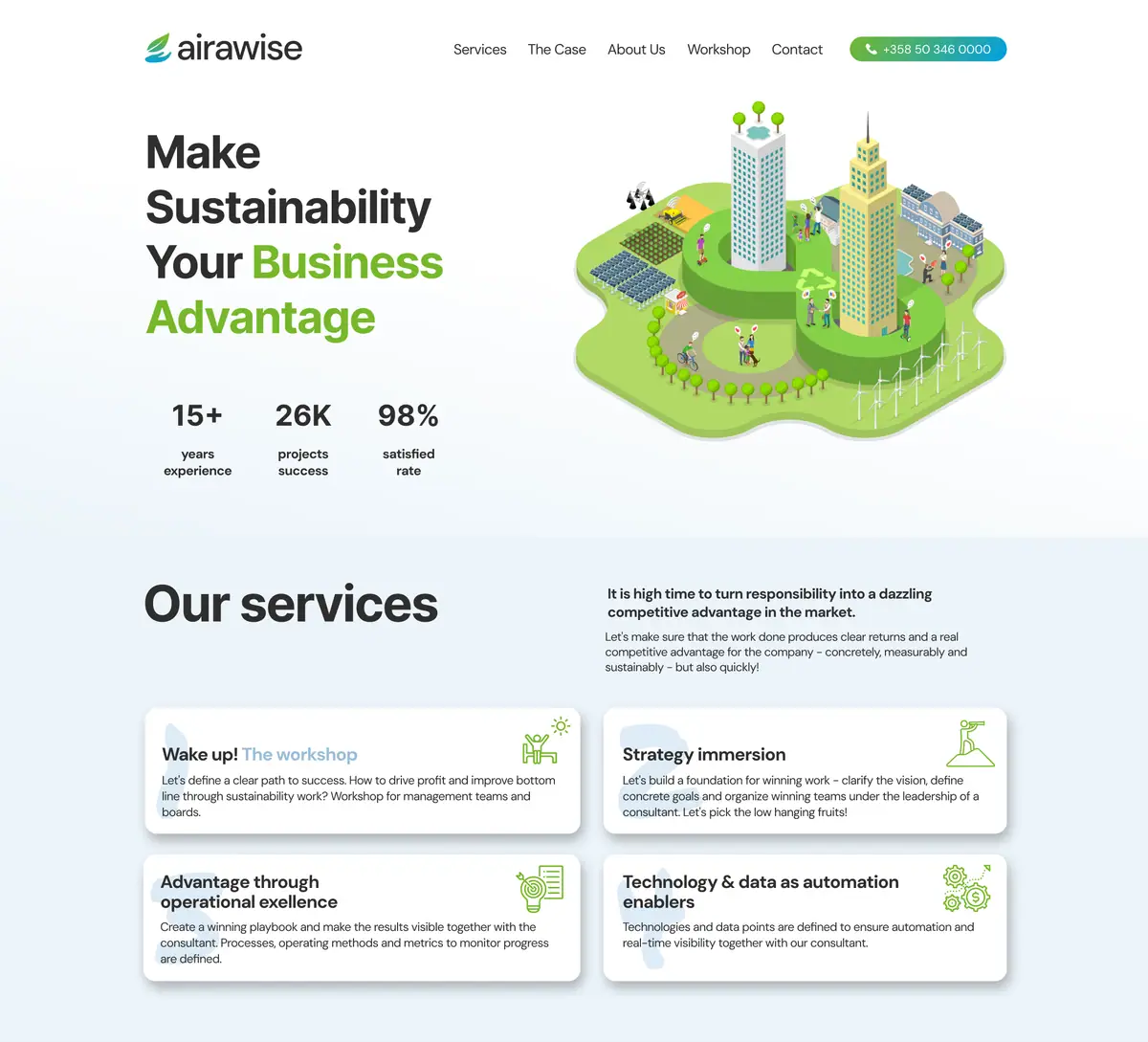 Airawise: strona główna z ilustracją zielonego miasta, statystykami i czterema kartami usług