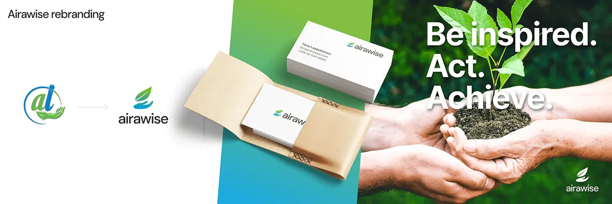 Airawise: okładka rebrandingu, dawne i nowe logo, wizytówki w etui kraft i hasło Be inspired. Act. Achieve.
