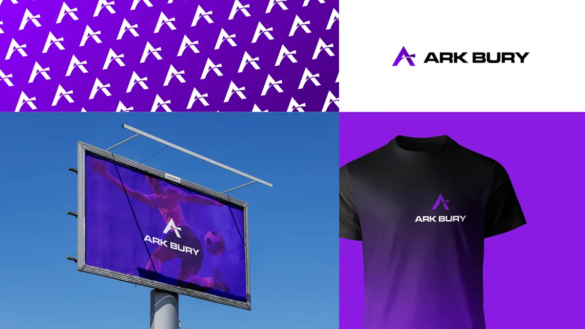 Ark Bury: wzór z sygnetów, logo na białym tle, billboard z piłkarzem i czarna koszulka z logo