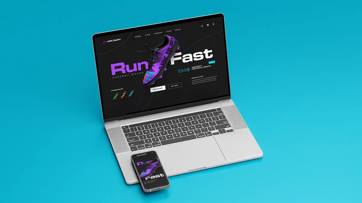 Ark Bury: strona sklepu Run Fast z fioletowym butem na laptopie i telefonie, turkusowe tło