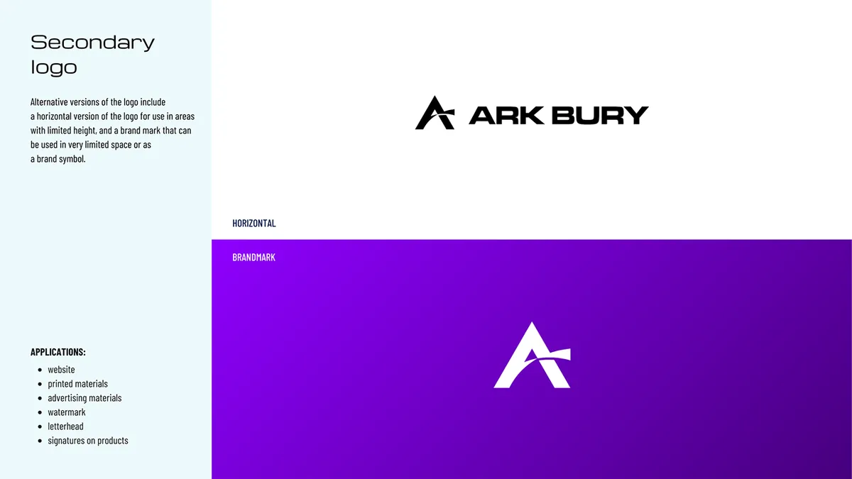 Ark Bury: secondary logo, a black horizontal version on a white background and a white A brandmark on a purple gradient