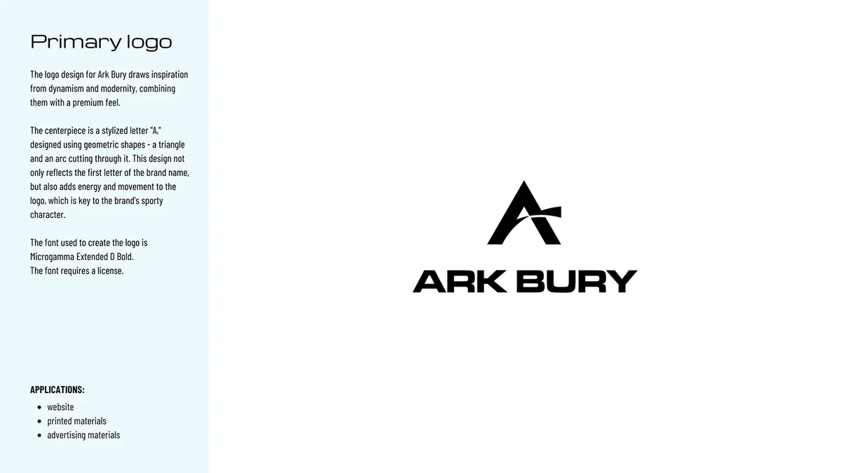 Ark Bury: logo podstawowe, czarny sygnet A nad napisem ARK BURY na białym tle z opisem znaku