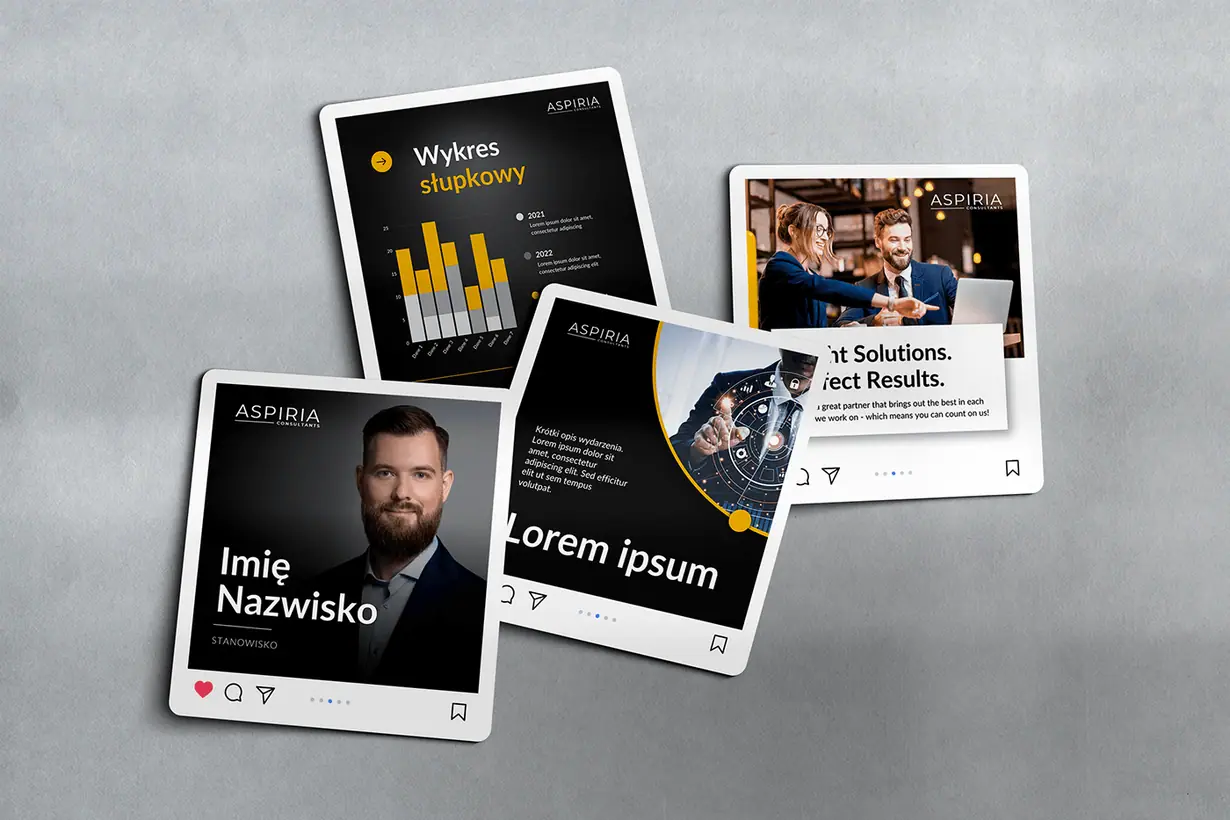 Aspiria: szablony postów na Instagram w czerni i żółci z wykresem, portretem i zdjęciem zespołu