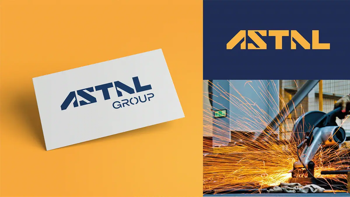 Astal Group: karta z granatowym logo na żółtym tle, żółte logo na granacie i cięcie stali szlifierką