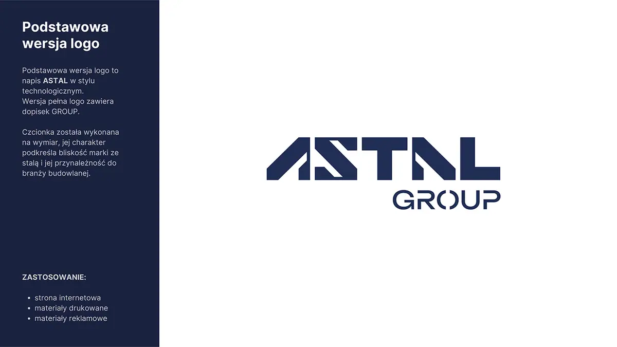 Astal Group: podstawowa wersja logo ASTAL GROUP w granacie z opisem kroju i zastosowań