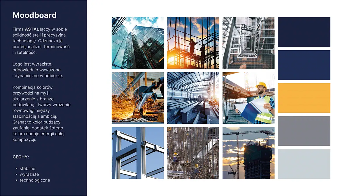 Astal Group: moodboard ze zdjęciami budów i konstrukcji stalowych oraz paletą granatu, żółci i szarości