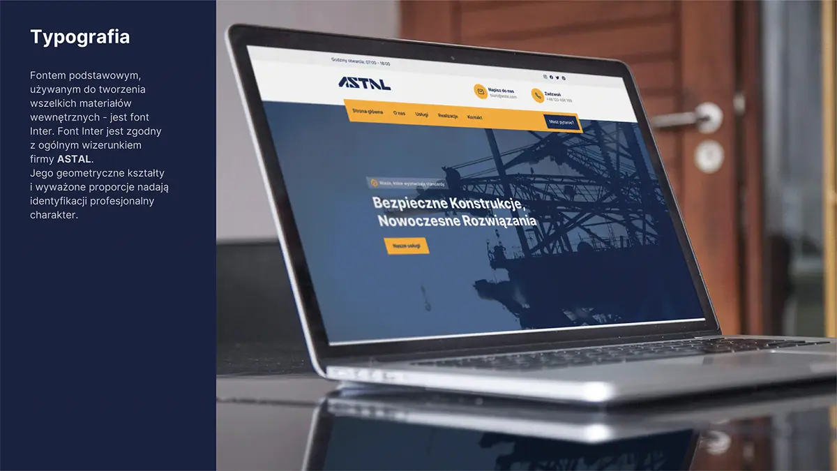 Astal Group: plansza typografii z krojem Inter i strona internetowa firmy na laptopie