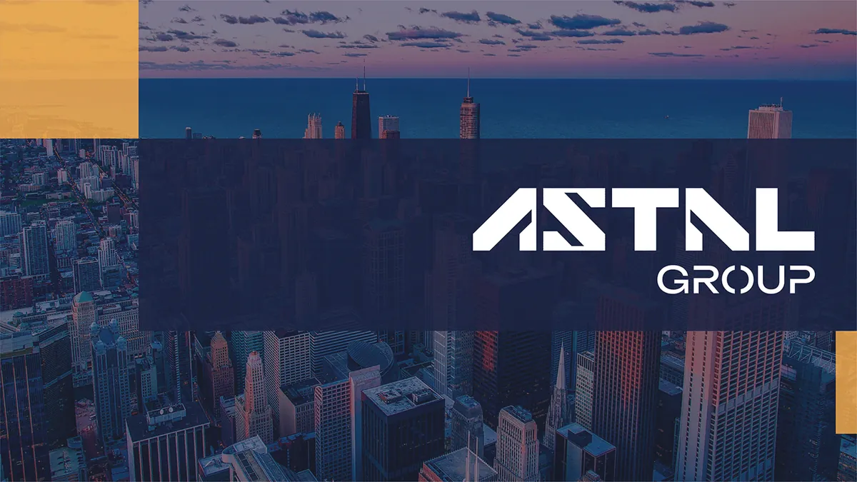 Astal Group: white ASTAL GROUP logo on a navy band above a skyscraper skyline, with yellow accents in the corners