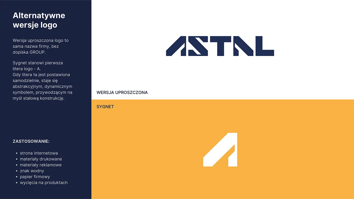 Astal Group: alternatywne wersje logo, uproszczony napis ASTAL bez dopisku GROUP i biały sygnet A na żółtym tle