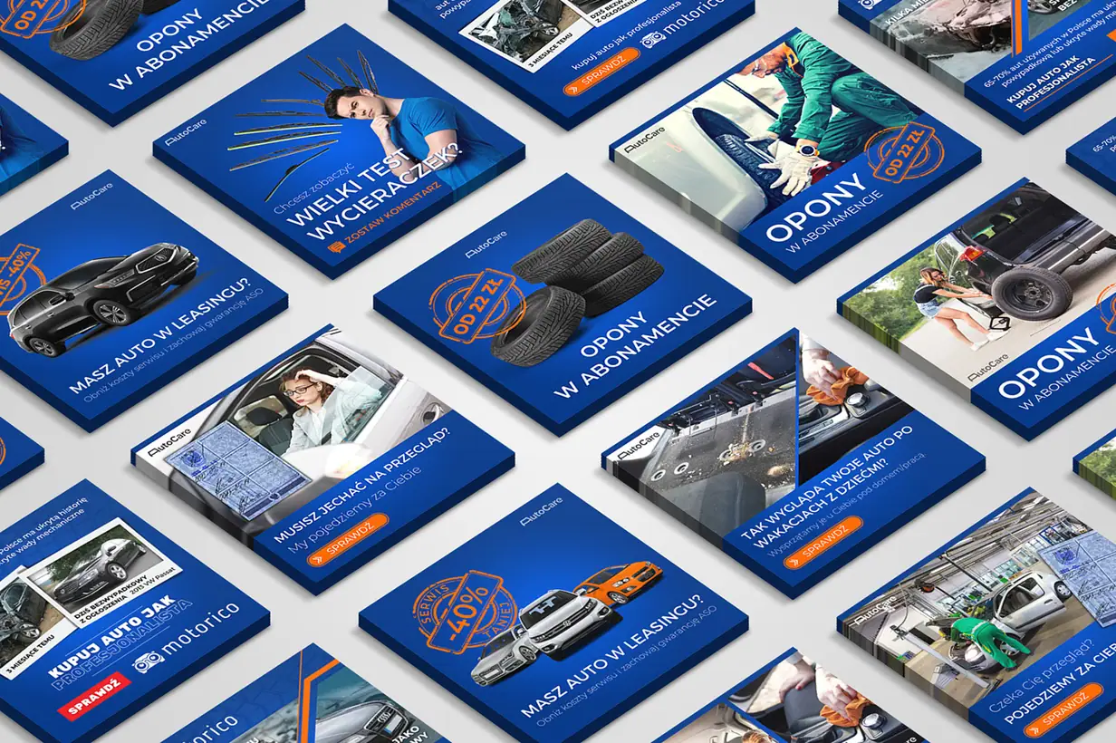 AutoCare: siatka niebieskich postów reklamowych o oponach w abonamencie, przeglądach i serwisie aut