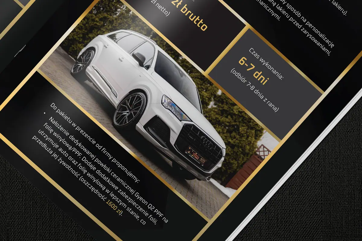 Axis Auto Detailing: strona pakietu ze zdjęciem białego SUV-a, ceną i czasem wykonania