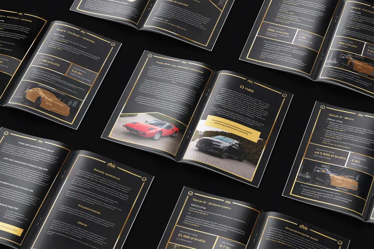 Axis Auto Detailing: rozkładówki z opcjami usług, cenami i sekcją O nas ze zdjęciami aut