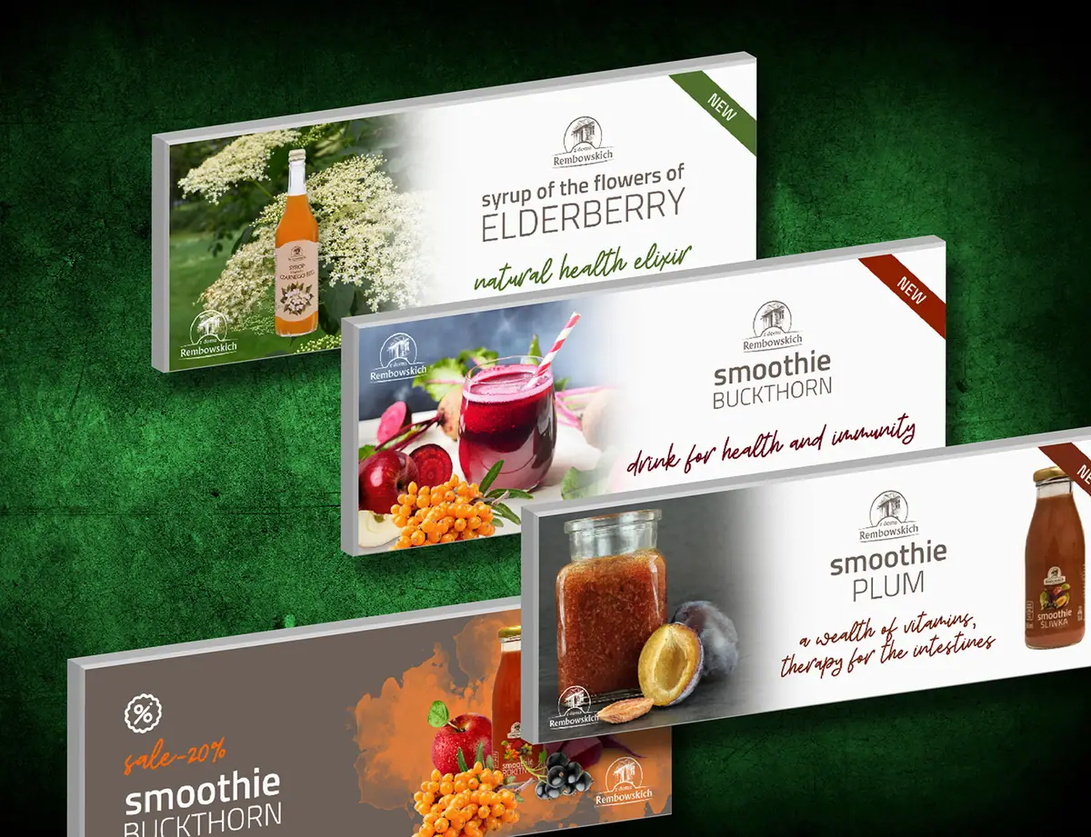 Banery z domu Rembowskich: syrop z czarnego bzu, smoothie z rokitnika i ze śliwki oraz promocja -20%