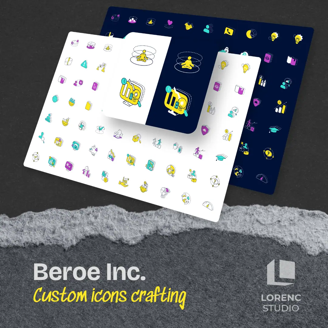 Beroe Inc.: zestawy kolorowych ikon na białym i granatowym arkuszu, podpis Custom icons crafting