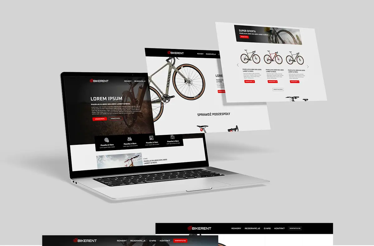 BikeRent: strona na laptopie i unoszące się widoki podstron z rowerami na szarym tle