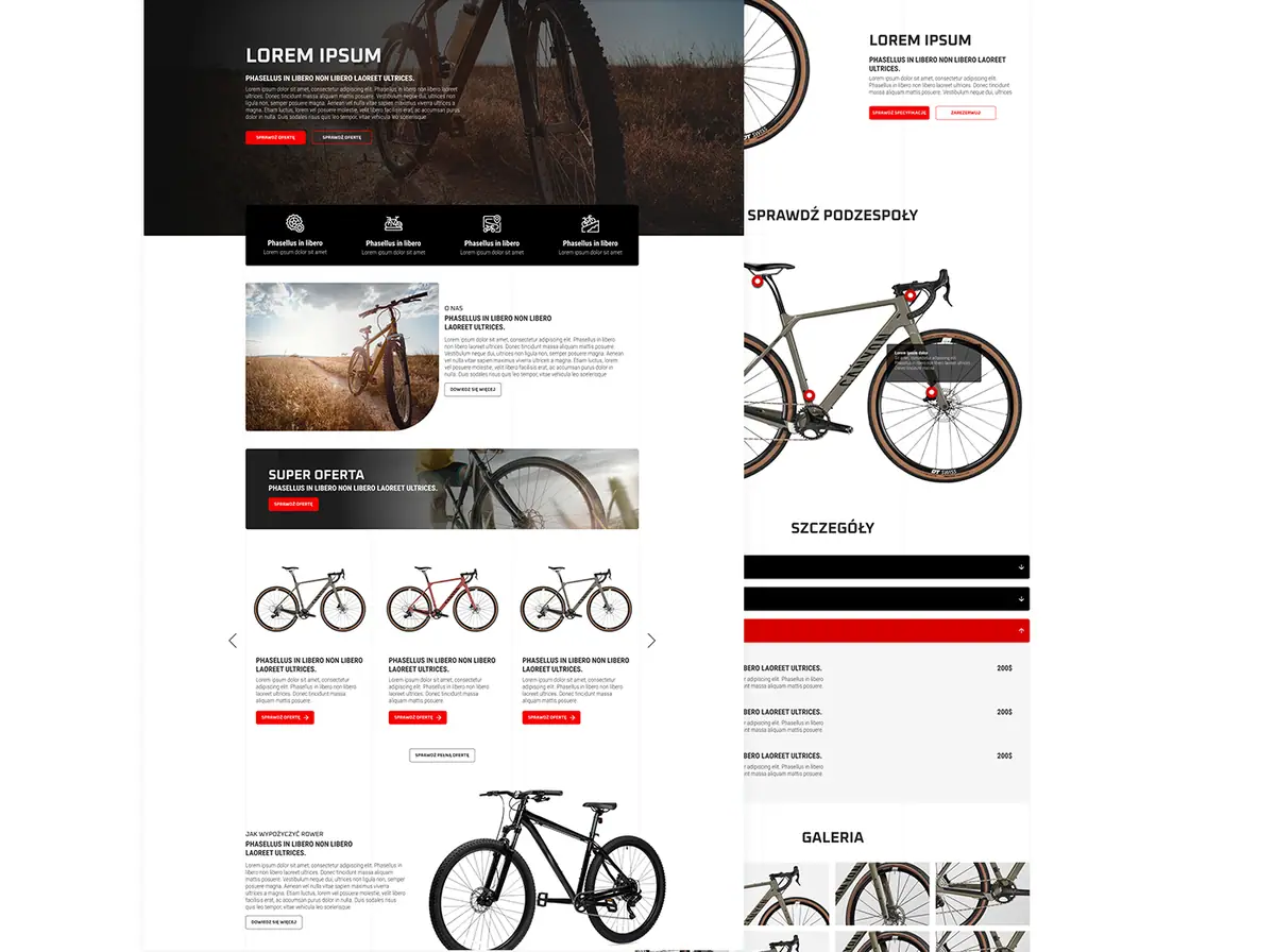 BikeRent: projekt strony głównej i karty roweru z sekcjami Sprawdź podzespoły, Szczegóły i Galeria