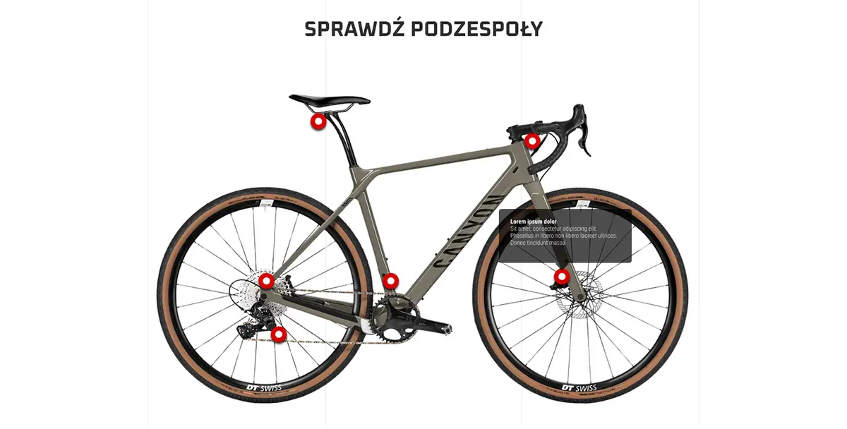 BikeRent: sekcja Sprawdź podzespoły, rower z czerwonymi punktami i dymkiem opisu