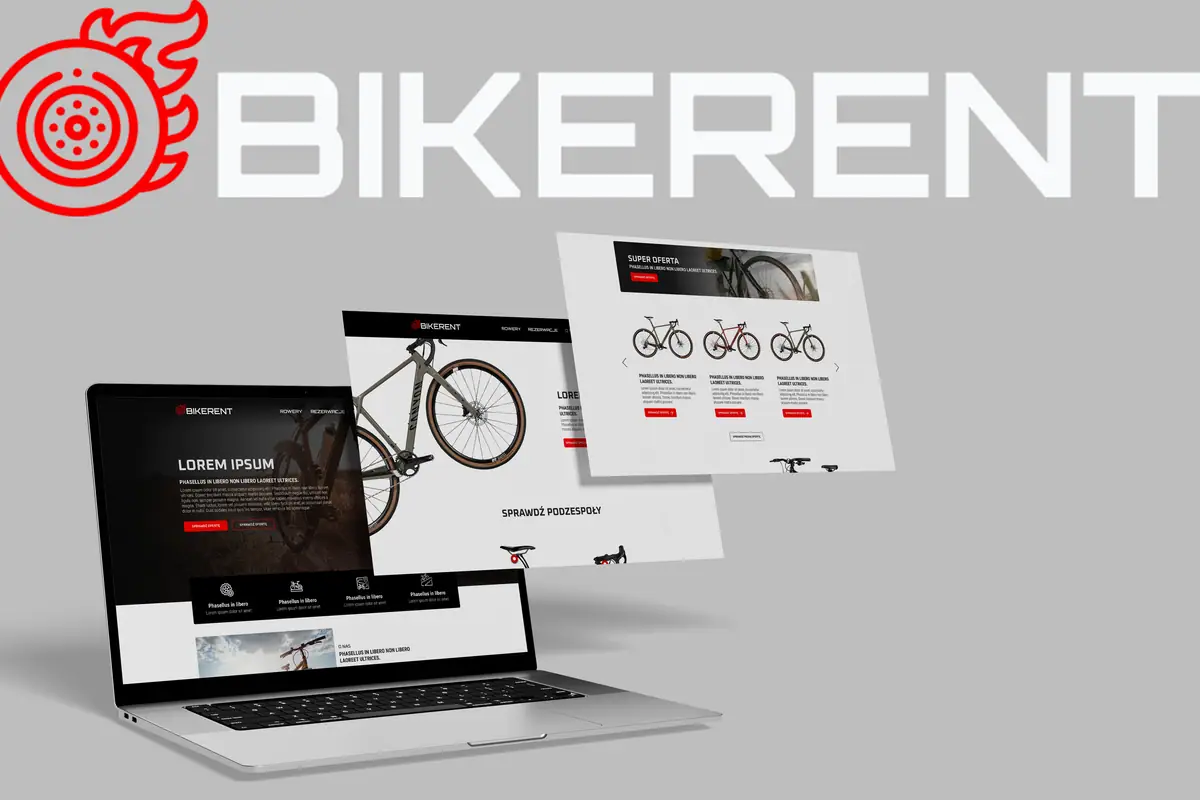 BikeRent: duże logo z czerwonym sygnetem nad laptopem ze stroną i widokami podstron