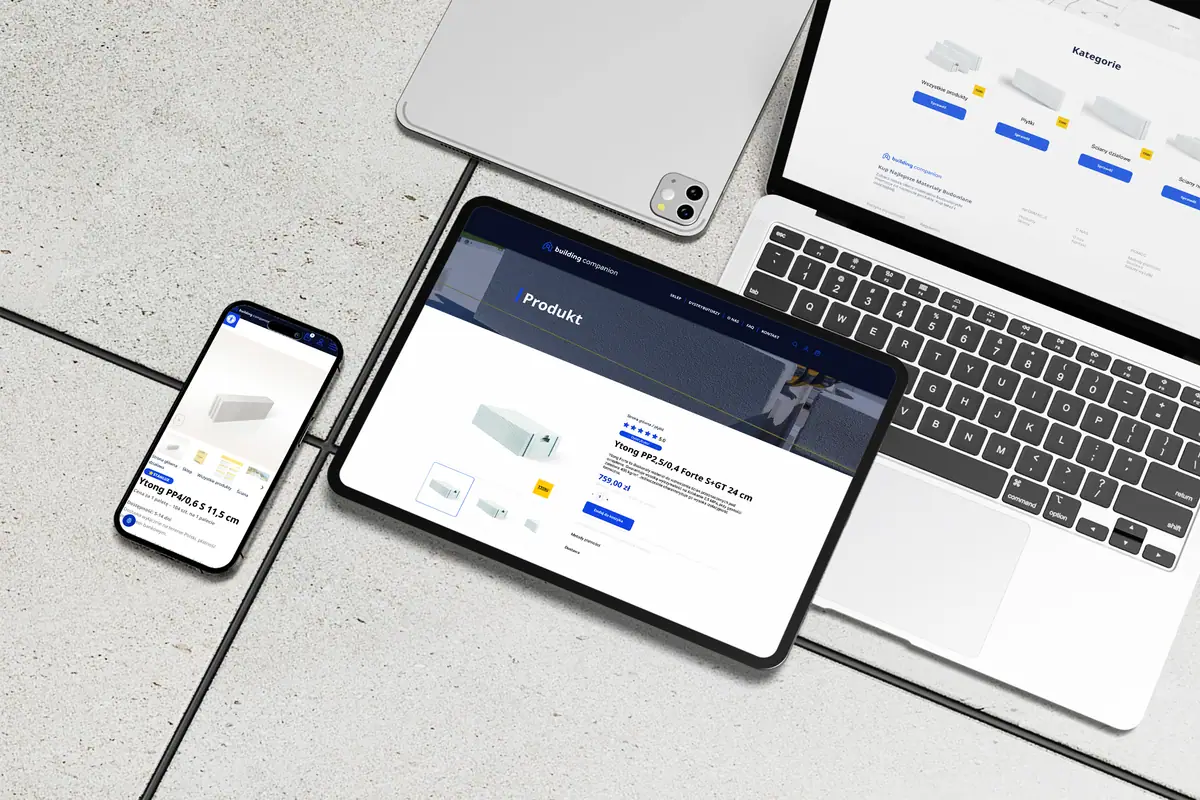 Building Companion: karta produktu Ytong na tablecie i telefonie oraz kategorie na laptopie