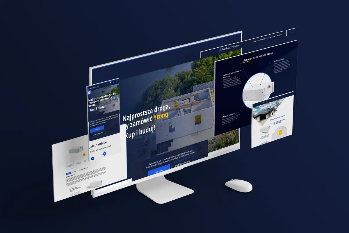 Building Companion: monitor i unoszące się widoki sklepu na granatowym tle