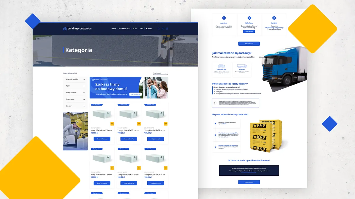 Building Companion: category page with Ytong blocks and the subpage “Jak realizowane są dostawy?” (How are deliveries handled?) with a truck and pallets