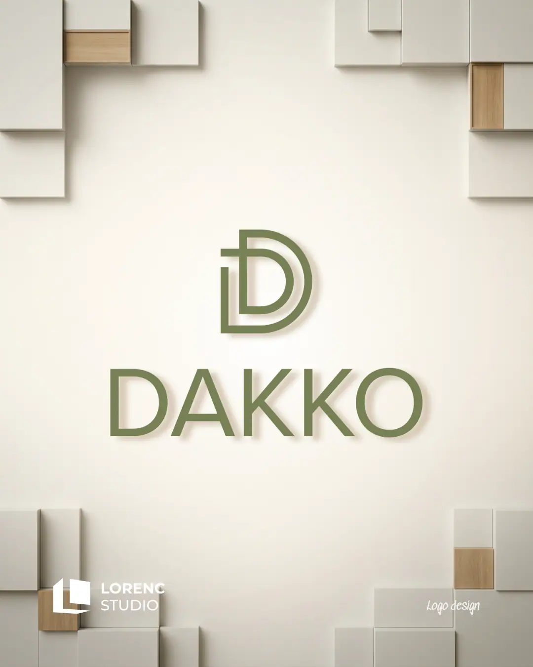 Dakko: oliwkowe logo z monogramem D na jasnej ścianie z panelami, w rogu logo Lorenc Studio