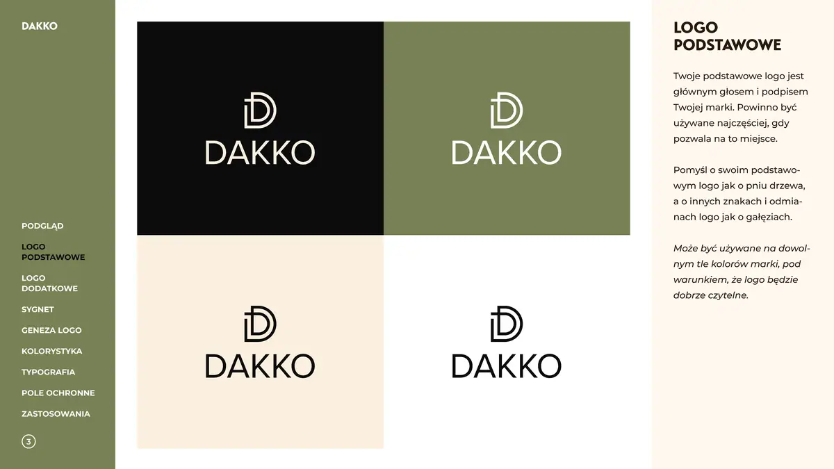 Dakko: logo podstawowe na czarnym, oliwkowym, kremowym i białym tle