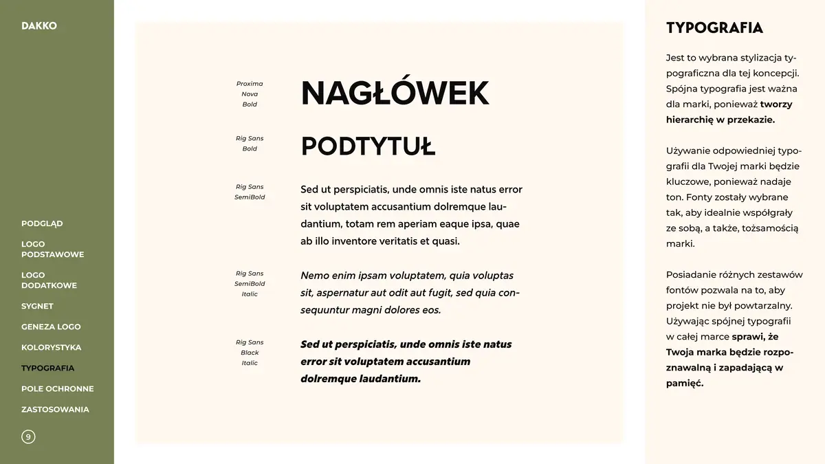 Dakko: typografia, nagłówek w kroju Proxima Nova Bold, podtytuły i teksty w kroju Rig Sans
