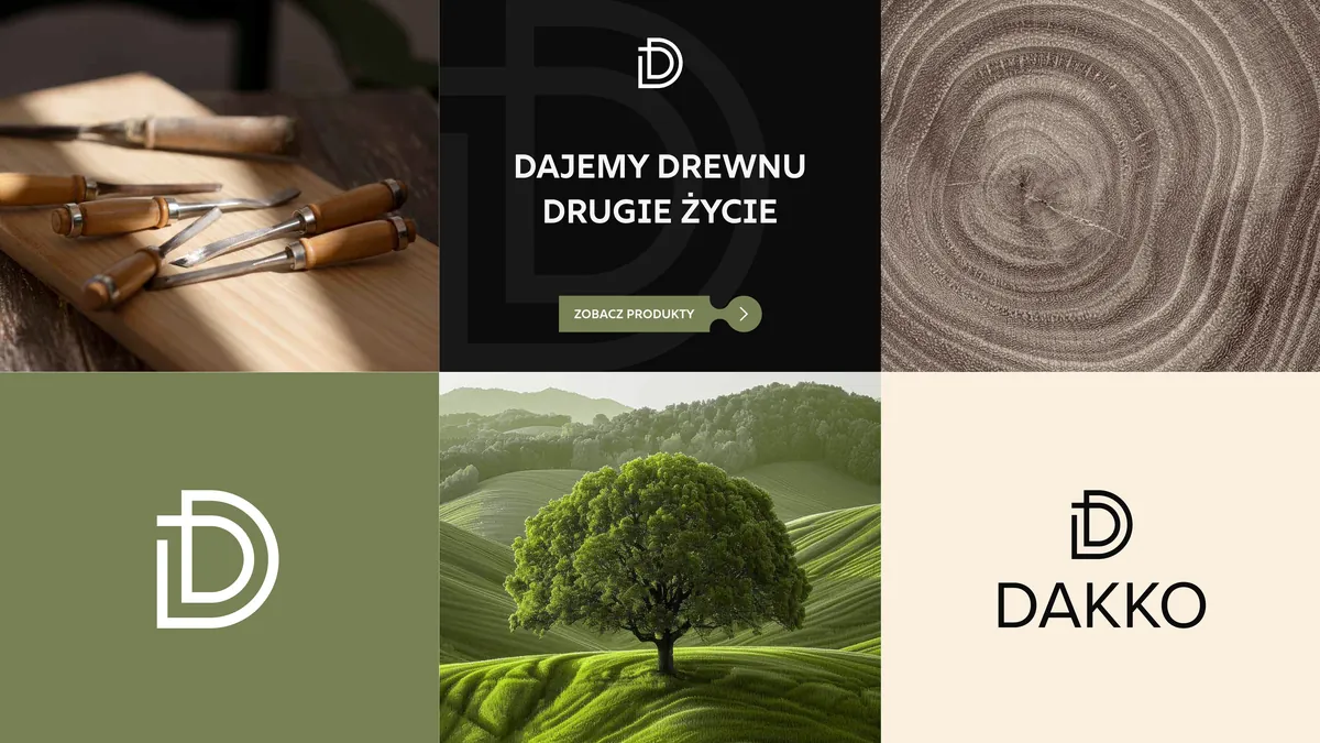Dakko: kolaż marki z dłutami, słojami drewna, drzewem, sygnetem i banerem Dajemy drewnu drugie życie