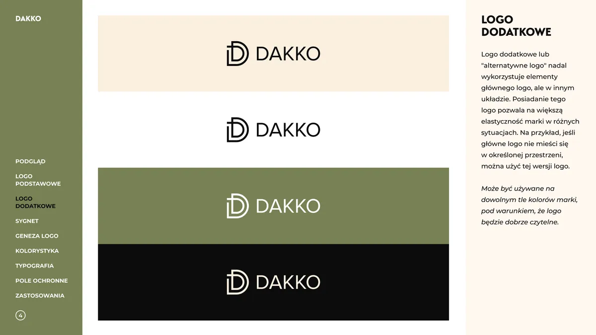 Dakko: secondary horizontal logo with the monogram next to the wordmark on cream, white, olive and black backgrounds