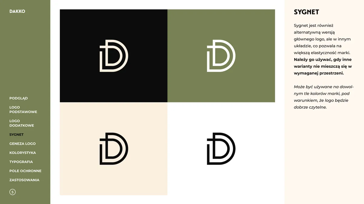 Dakko: brandmark made of the letters D, white and black versions on black, olive, cream and white backgrounds
