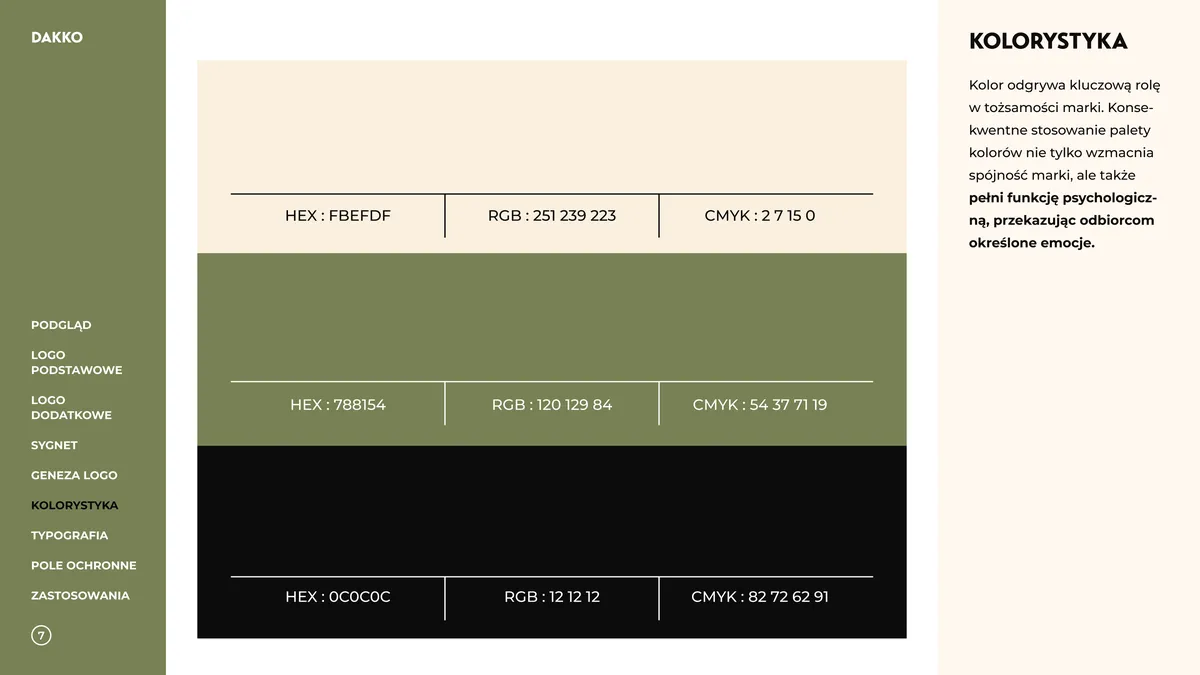 Dakko: color palette, cream FBEFDF, olive 788154 and black 0C0C0C with RGB and CMYK codes