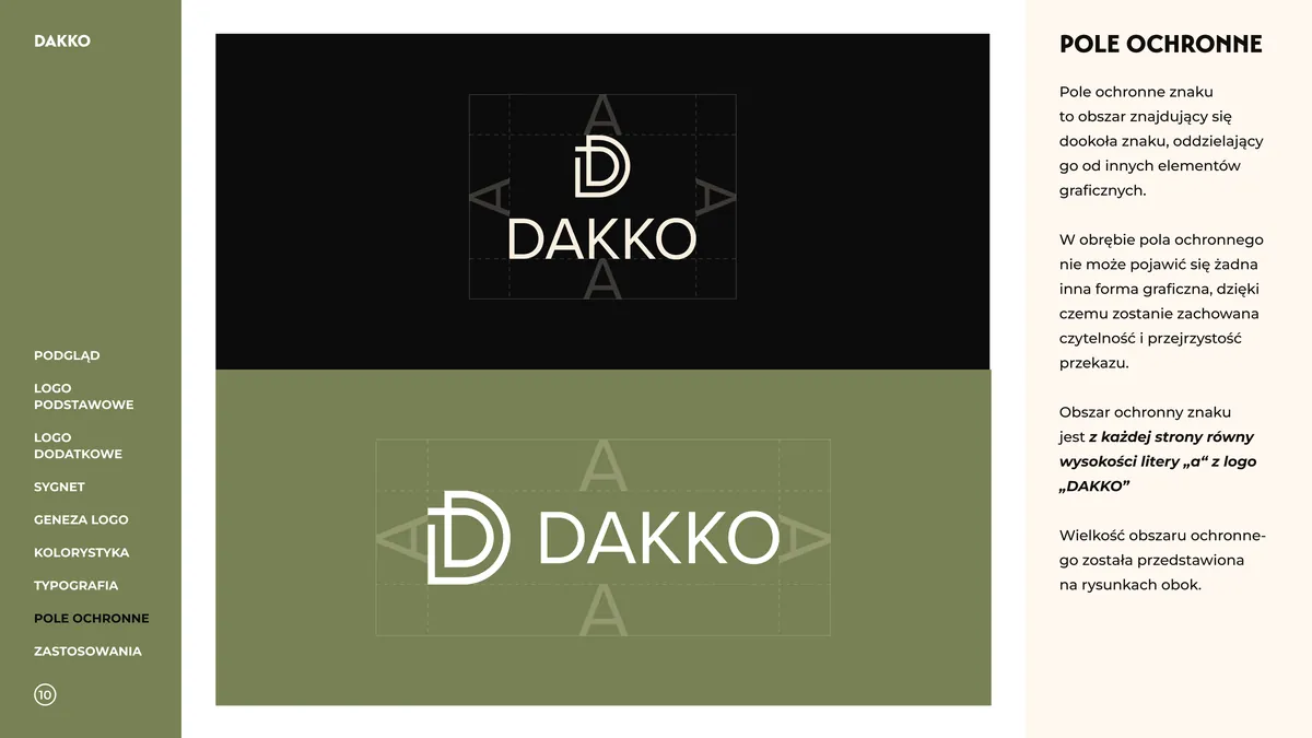 Dakko: clear space of the vertical and horizontal logo defined by the letter A on black and olive backgrounds