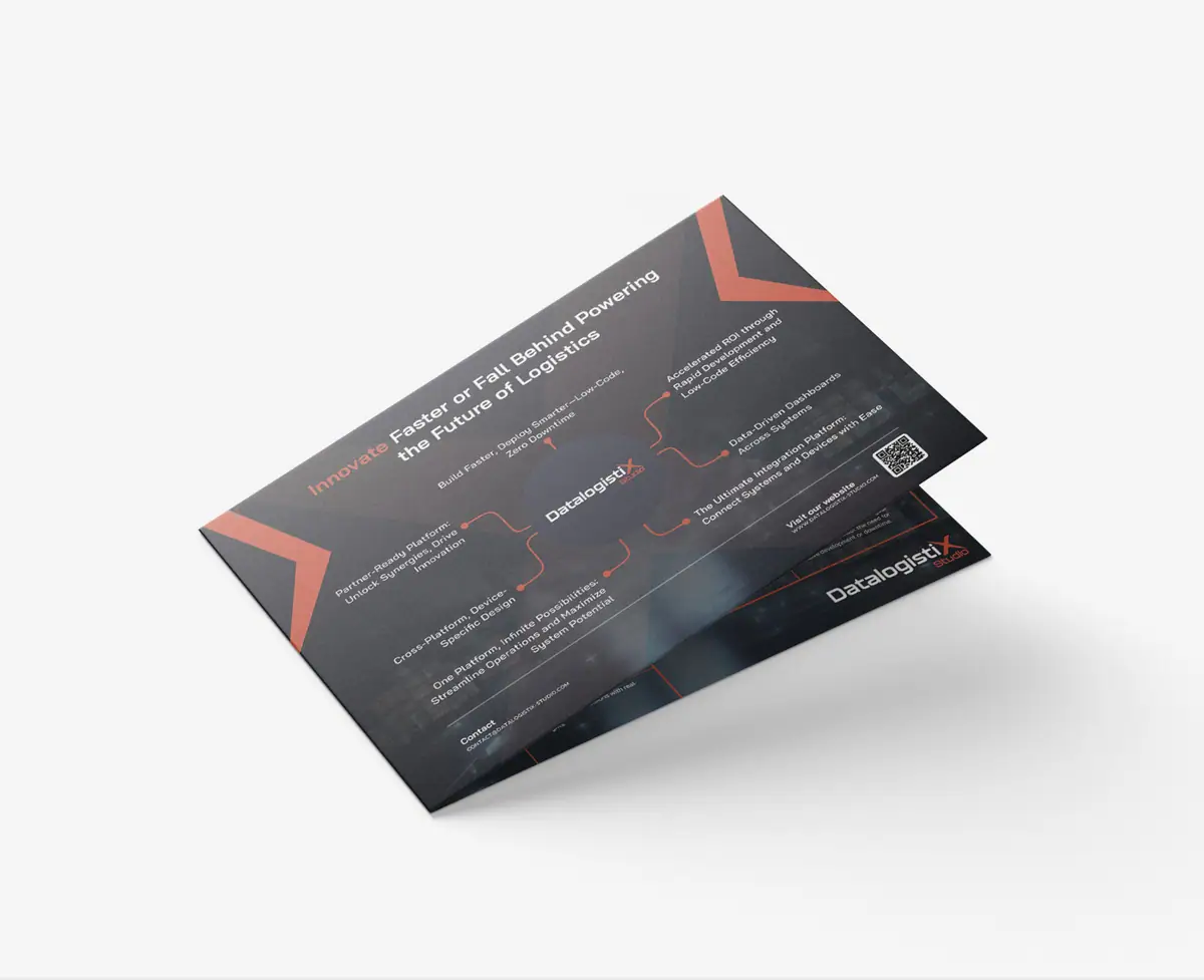 DataLogistix Studio: składana ulotka Innovate Faster or Fall Behind ze schematem funkcji platformy